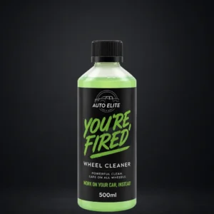 You're Fired wheel cleaner 500ml bottle with a screw cap, lit in a dark studio